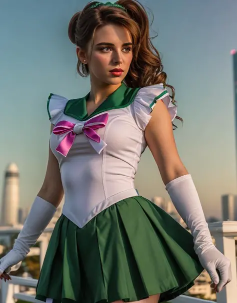 (cinematic photo:1.3) realistic, hd, photo , eternal sailor jupiter , skirt green, belt, white gloves, background, hd. photograp...