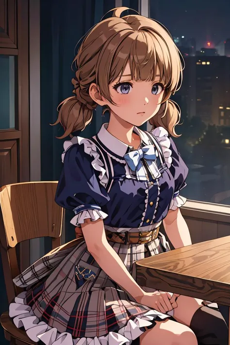 anime girl sitting at a table with a city view in the background