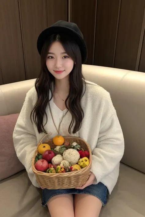 (masterpiece, best picture quality),1girl, Ultra-realistic 8k CG,masterpiece,best quality,(photorealistic:1.4),HDR,absurdres,Professional,RAW photo,lens flare,(film grain:1.1),Bokeh,((Depth of field)),studio light, a woman sitting on a couch, , a basket of food , and a teddy bear in the background, 1girl, black_hair, smile, solo, hat, long_sleeves, fur_trim, apple, orange_fruit, sunflower, Highly detailed,Professional,extreme detail description;