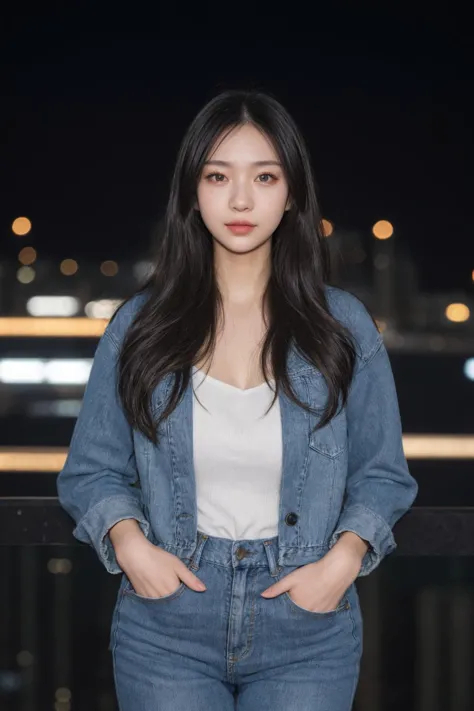 a woman in jeans standing on a balcony at night