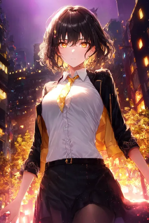 anime girl in a white shirt and black skirt with a yellow tie