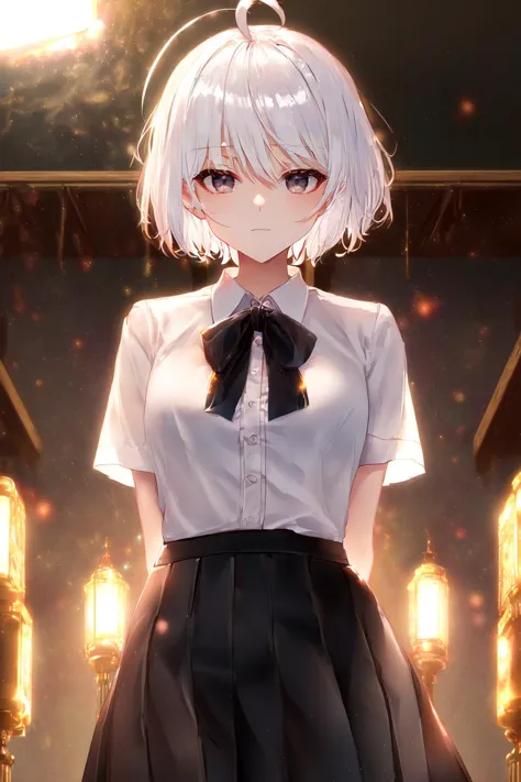 anime girl in a short skirt and white shirt standing in a room