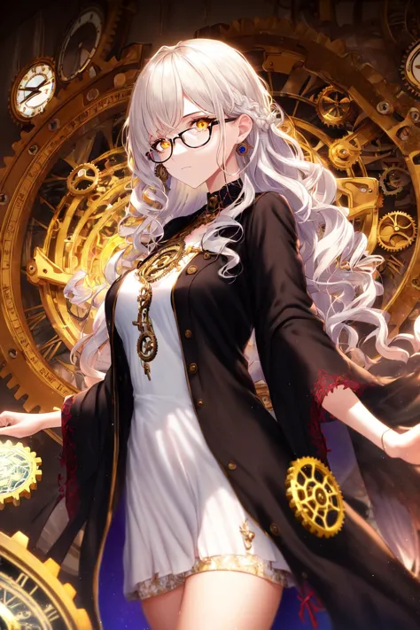 anime girl with long white hair and glasses standing in front of a clock