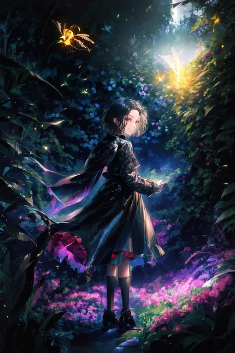 a girl in a dress standing in a forest with a butterfly