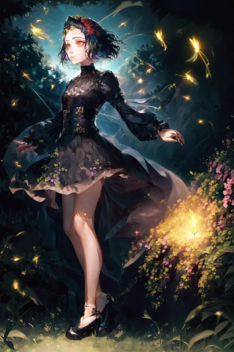 a woman in a dress is standing in the grass with fireflies