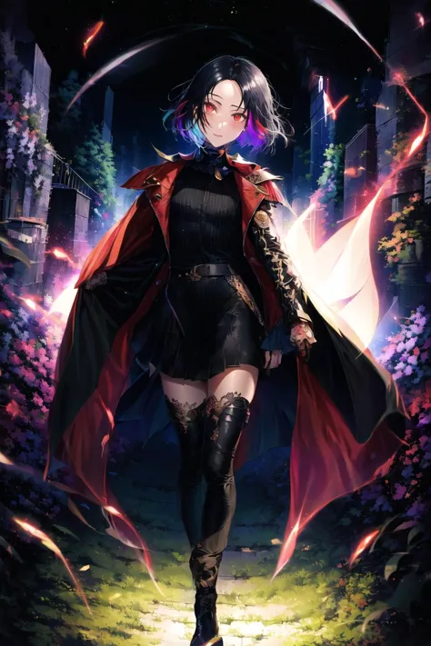 a woman in a black dress and red cape walking through a forest