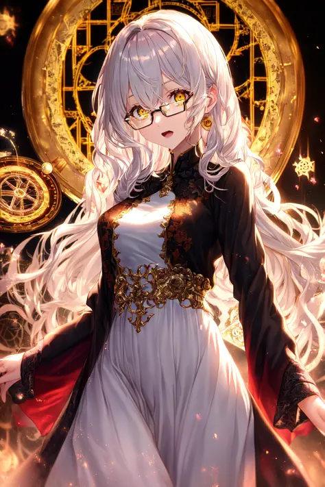 1girl, masterpiece, best quality, extremly detailed,cinematic lighting, intricate detail, finely detailed beautiful face and eyes, 8k, dark intense shadows, white hair, long hair, wavy hair, yellow eyes, soft glowing eyes, expressionless, glasses, cowboy shot, looking at viewer, clock behind the girl, gears, (magic circle), yellow swirling around the character, black robe, open robe, white dress, spread arms, open mouth