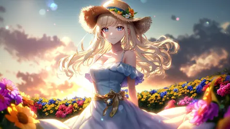 1girl, masterpiece, best quality, extremly detailed,cinematic lighting, finely detailed beautiful face and eyes, 8k, dark intense shadows, ((white hair)), medium hair, cowboy shot, white dress, off shoulder, straw hat, arms behind back, medium breasts, floating hair, purple eyes, blue eyes, gradient eyes, light smile, colorful flowerfield, sunrise, lens flare, cloud, gradient sky, yellow sky, blue flowers, red flowers, purple flowers, waist, detailed highlight, Style-Petal