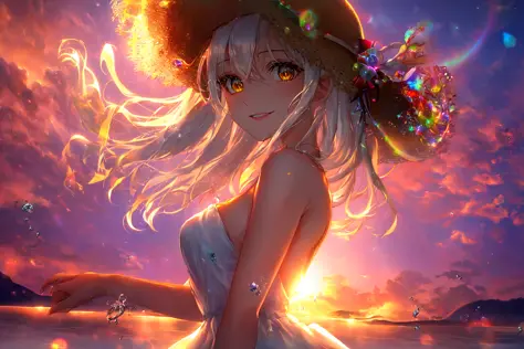 1girl, masterpiece, extremly detailed, (beautiful detailed glow), lens flare, white hair, short hair, floating hair, looking at ...