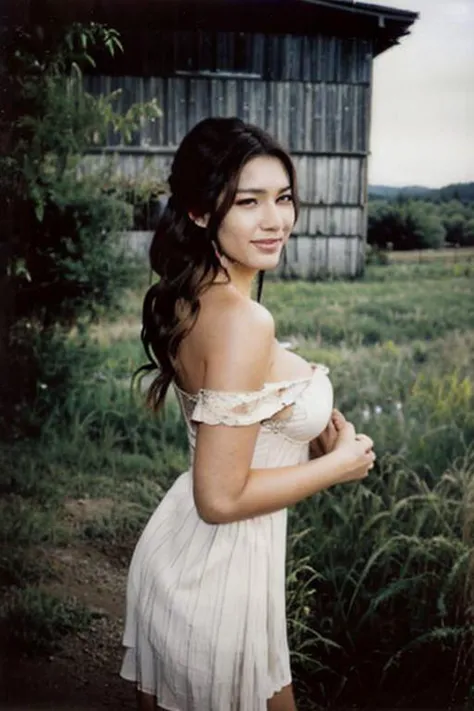 An 18-year-old young Korean woman, <lora:pornpolaroidphoto_V2:0.8> braided hair ,dressed in Off-Shoulder Sundress, standing in a rustic farm setting. She has a soft, gentle smile, expressive eyes and sexy cleavage. The background features a charming barn, fields of golden wheat, and a clear blue sky. The composition should be bathed in the warm, golden hour light, with a gentle depth of field and soft bokeh to accentuate the pastoral serenity. looking at viewer, Polaroid SX-70,pornpolaroidphoto style