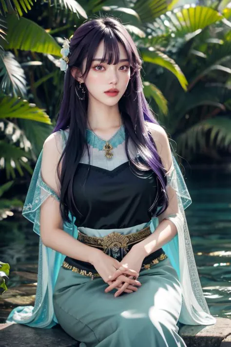 highly insanely detailed, masterpiece, top quality, best quality, highres, 4k, 8k, RAW photo, (very aesthetic, beautiful and aesthetic), thai dress, sitting, large breasts, ring, hair, very long hair,purple hair, long layers hair,parted bangs, water, long skirt, own hands together, open mouth, (gray eyes), armlet, <lora:ThaiClothes-10:0.7>