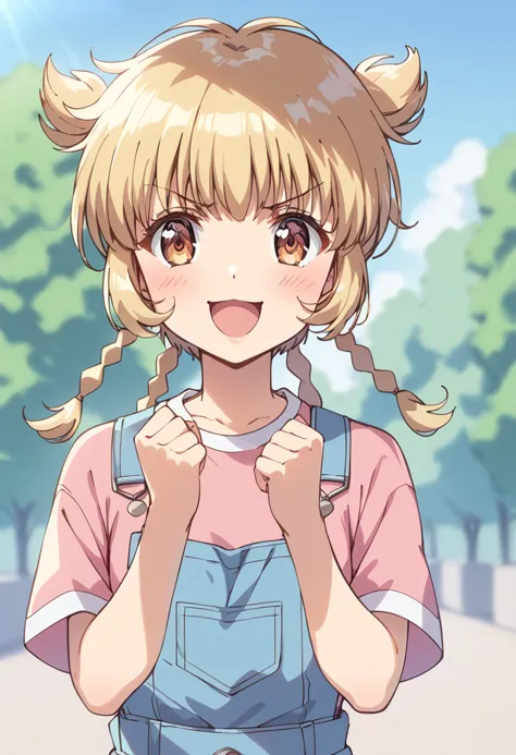 anime girl with pigtails and a pink shirt and blue overalls