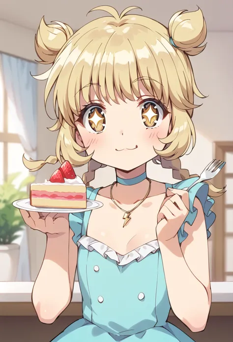 score_9, score_8_up, score_7_up, source_anime, BREAK
fong pudding, cake, :3, yellow eyes, fork, 1girl, blonde hair, + +, plate, twin braids, solo, eyebrows visible through hair, looking at viewer, eating, smile, bangs, holding fork, collarbone, blue dress, closed mouth, short hair, solo, cake slice, ^^^, blurry background, hair flaps, jewelry, holding plate, choker, light brown hair, depth of field, upper body, necklace, lightning bolt symbol, twintails, sidelocks, pendant, strawberry shortcake, short twintails, aqua dress, standing, indoors, sparkling eyes, formal, long hair, sleeveless dress, shiny hair, dot nose, polka dot dress, blush, eyelashes, shirt, happy, flat chest, hands up, double bun, sparkle, frills, holding food, hair cones, hair horns, short sleeves, surprised, curtains, brown hair, eyebrows, hair rings, symbol-shaped pupils, star-shaped pupils
<lora:mew_pudding_fong_pudding_sdxl_locon_pony_v1:0.7>