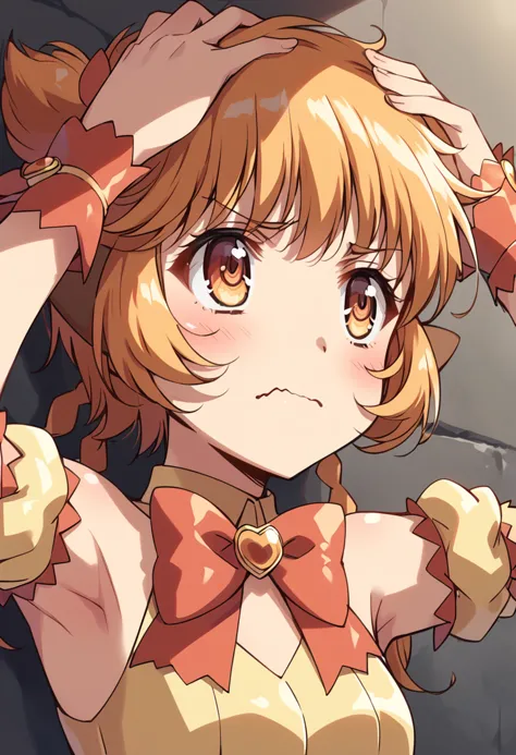 score_9, score_8_up, score_7_up, source_anime, BREAK
mew pudding, 1girl, armpits, twintails, short hair, brown eyes, blonde hair, long hair, brown hair, wrist cuffs, twin braids, blush, frown, solo, hands on own head, eyelashes, orange eyes, detached sleeves, arms up, upper body, orange hair, puffy detached sleeves, covering ears, hair ribbon, yellow eyes, closed mouth, bare shoulders, hair bow, shiny hair, eyebrows visible through hair, face, wavy mouth, red bow, hand on own head, short twintails, bowtie, looking at another, puffy short sleeves, serious, looking up, light brown hair, wristband, cowering, sleeveless, flat chest, brooch, outdoors
<lora:mew_pudding_fong_pudding_sdxl_locon_pony_v1:0.7>