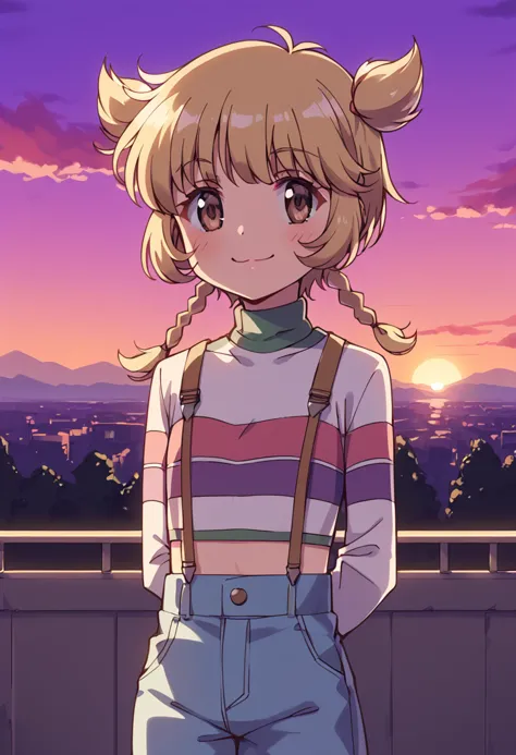 score_9, score_8_up, score_7_up, source_anime, BREAK
fong pudding, 1girl, brown eyes, :3, blonde hair, solo, short hair, arms behind back, twin braids, short twintails, brown hair, smile, twintails, child, flat chest, solo, long sleeves, yellow eyes, midriff, blush, overalls, striped shirt, outdoors, pants, sky, two side up, hair flaps, sweater, suspender skirt, standing, tree, white shirt, eyebrows visible through hair, collar, closed mouth, building, turtleneck, cowboy shot, bangs, choker, striped clothes, crop top, cloud, purple sky, anime coloring, denim, cropped shirt, sunset, twilight, 
<lora:mew_pudding_fong_pudding_sdxl_locon_pony_v1:0.7>