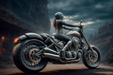 a female biomechanical creature riding a motorcycle in a post-apocalyptic desert, photorealistic, hd, dramatic lighting, Intrica...