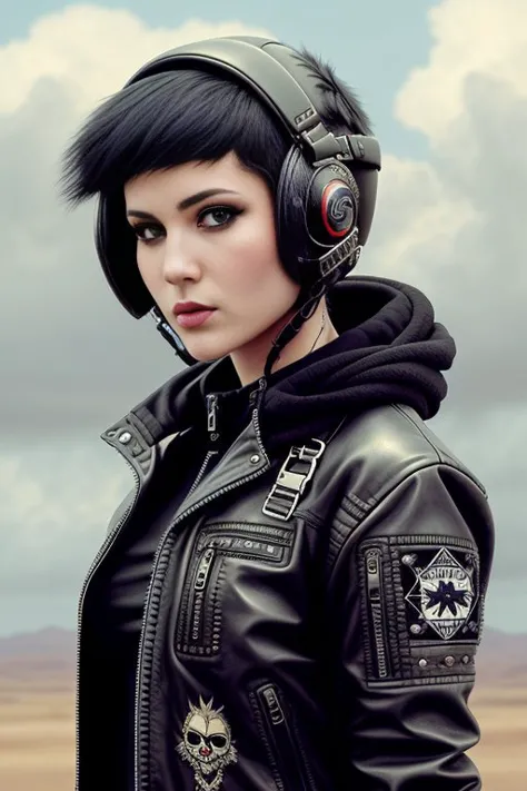 cute punk scull girl,  is skydiving in the sky with, mad max jacket, renaissance, cables on her body, hyper realistic style, oil...