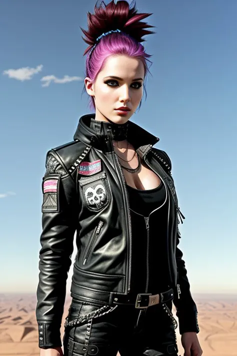 cute punk scull girl,  is skydiving in the sky with, mad max jacket, renaissance, cables on her body, hyper realistic style