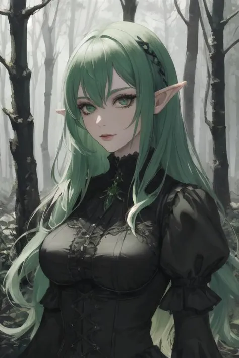 gothic elf, upper body, green hair, masterpiece, intricate details, forest, realism