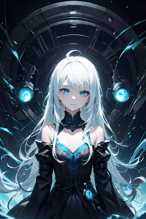 gorgeous girl, solo, white hair, ahoge, (absurdly long hair:1.1), (flat chest:1.1), expressionless eyes, emotionless, cold attit...