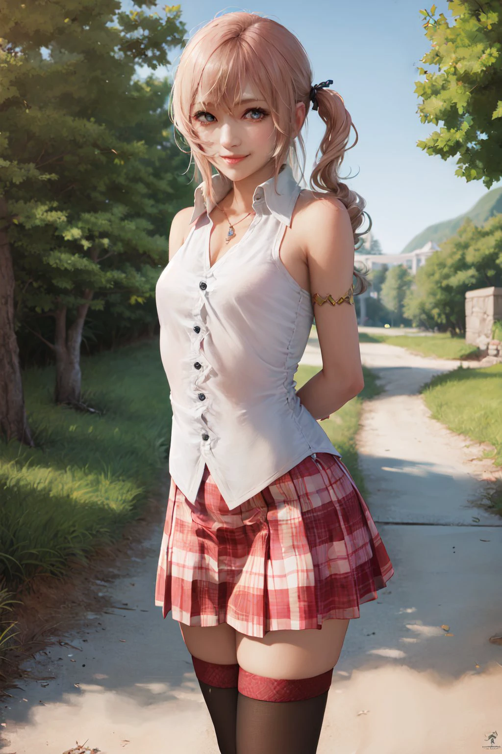 (masterpiece, best quality:1.2), cowboy shot, solo, 1girl, serah farron, smile, looking at viewer, arms behind back, side ponytail, sleeveless, plaid skirt, thighhighs