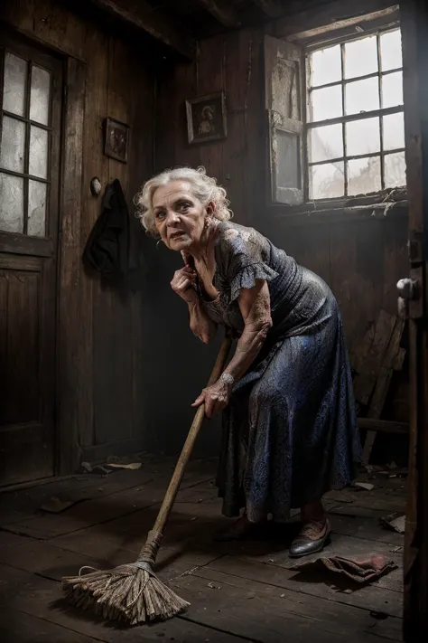 an old woman with a broom in a room with a window