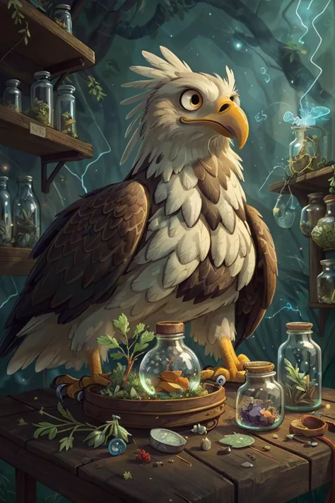 a painting of a bird sitting on a table with bottles and plants