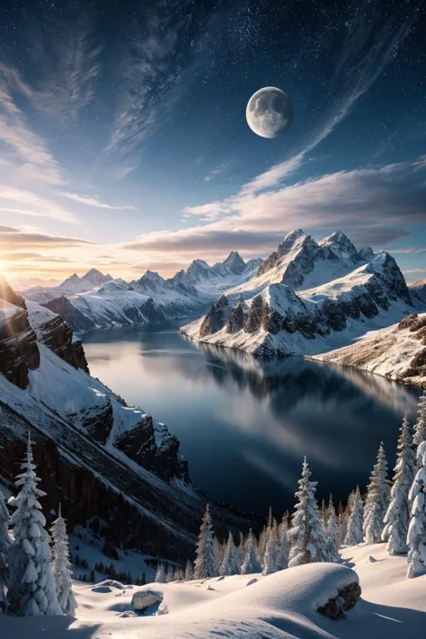 photo RAW,(winter,mountains and a lake with a moon in the sky, 4k highly detailed digital art, 4 k hd wallpaper very detailed, impressive fantasy landscape, sci-fi fantasy desktop wallpaper, unreal engine 4k wallpaper, 4k detailed digital art, sci-fi fantasy wallpaper, epic dreamlike fantasy landscape, 4k hd matte digital painting, 8k stunning artwork,Realistic, realism, hd, 35mm photograph, 8k), masterpiece, award winning photography, natural light, perfect composition, high detail, hyper realistic, (composition centering, conceptual photography)