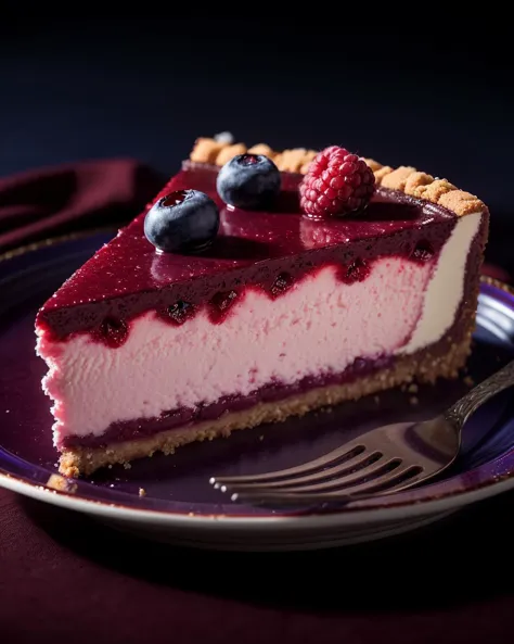 photo RAW,(Centered portrait of A berry jam cheesecake with cookie base, promotional photo, Photo realistic portrait, 8k resolution, octane render, dynamic lighting, deep focus, extremely detailed and intricate photography, Burgundy and dark_blue colors), masterpiece, award winning photography, lighting, perfect composition, high detail, hyper realistic,dramatic lighting, epic