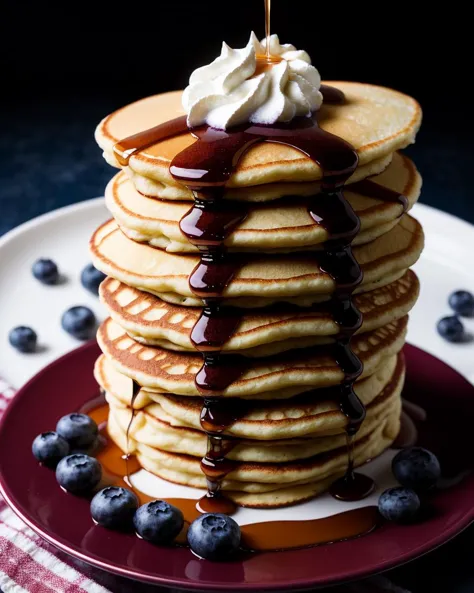 photo RAW,(a portrait of a pile of thick, fluffy, pancakes with syrup, whipped cream, and blueberries, Burgundy and dark_blue colors), masterpiece, award winning photography, lighting, perfect composition, high detail, hyper realistic,dramatic lighting, epic