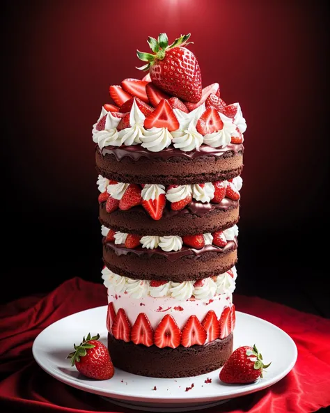 photo RAW,(A strawberry chocolate cake, coctail, Perfect, ultra highly detailed, sharpness, dynamic lighting, red and white colors), masterpiece, award winning photography, lighting, perfect composition, high detail, hyper realistic,dramatic lighting, epic