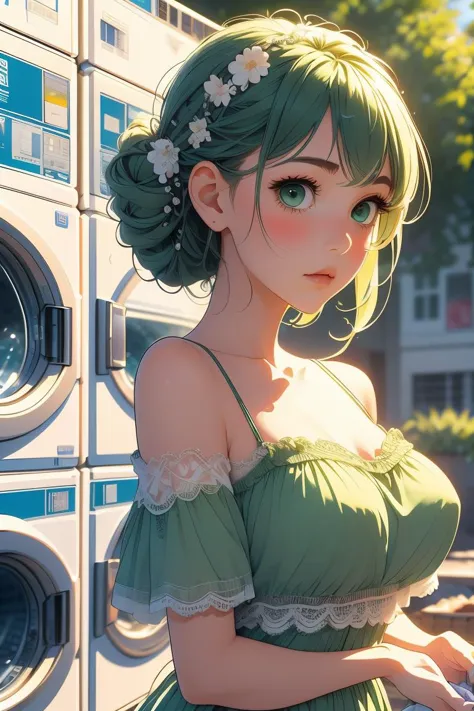 a woman in a green dress standing next to a washing machine