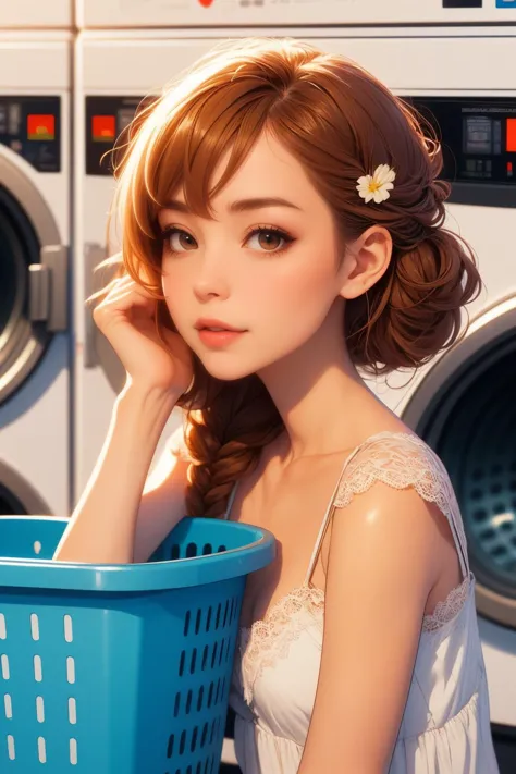 a woman with a basket in front of a washing machine