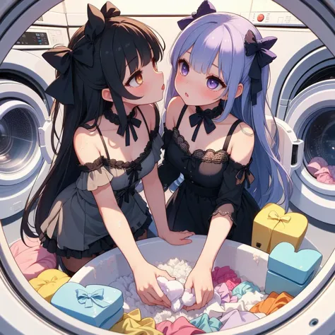 two anime girls in maid suits washing clothes in a washer