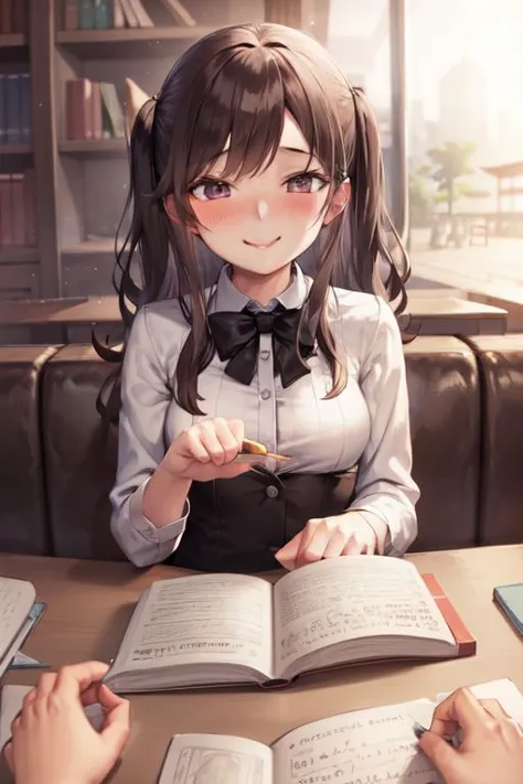 anime girl sitting at a table with a book and pen