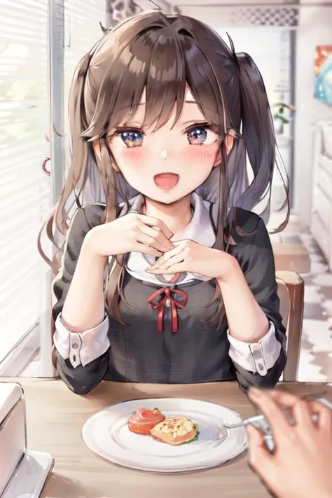 anime girl with long hair sitting at a table with a plate of food