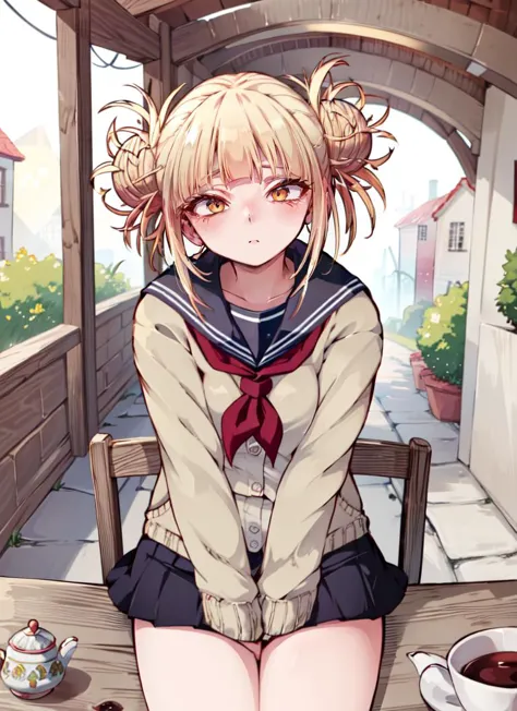 anime girl sitting on a table with a cup of coffee