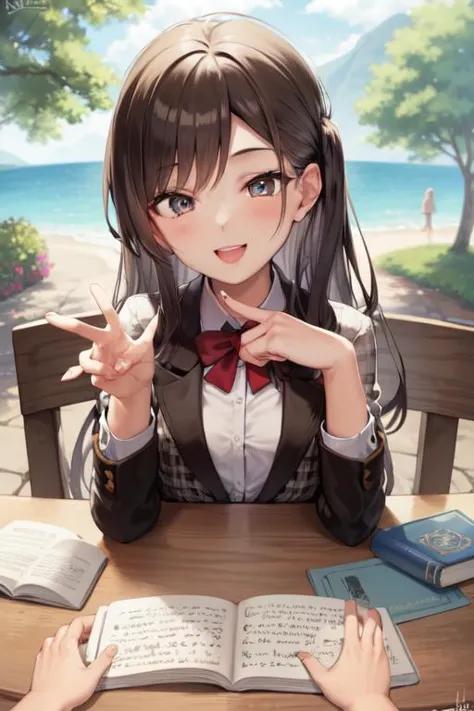 anime girl sitting at a table with a book and a book