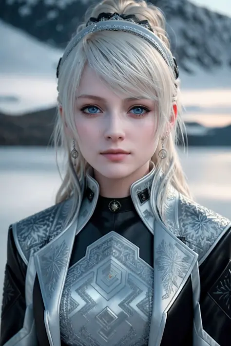 <lora:LunafreyaFF:0.67>, masterpiece, highest quality, RAW, analog style, A stunning portrait of a beautiful woman, pale skin, vibrant blue eyes, platinum blonde hair, wearing a choker, (((wearing black winter coat))), Serene woman meditates by a lake,  at  an abandoned research facility on a remote arctic island, sunlight, ((highly detailed skin, skin details)), sharp focus, 8k UHD, DSLR, high quality, film grain, Fujifilm XT3, intricately detailed, highly detailed, cluttered and detailed background