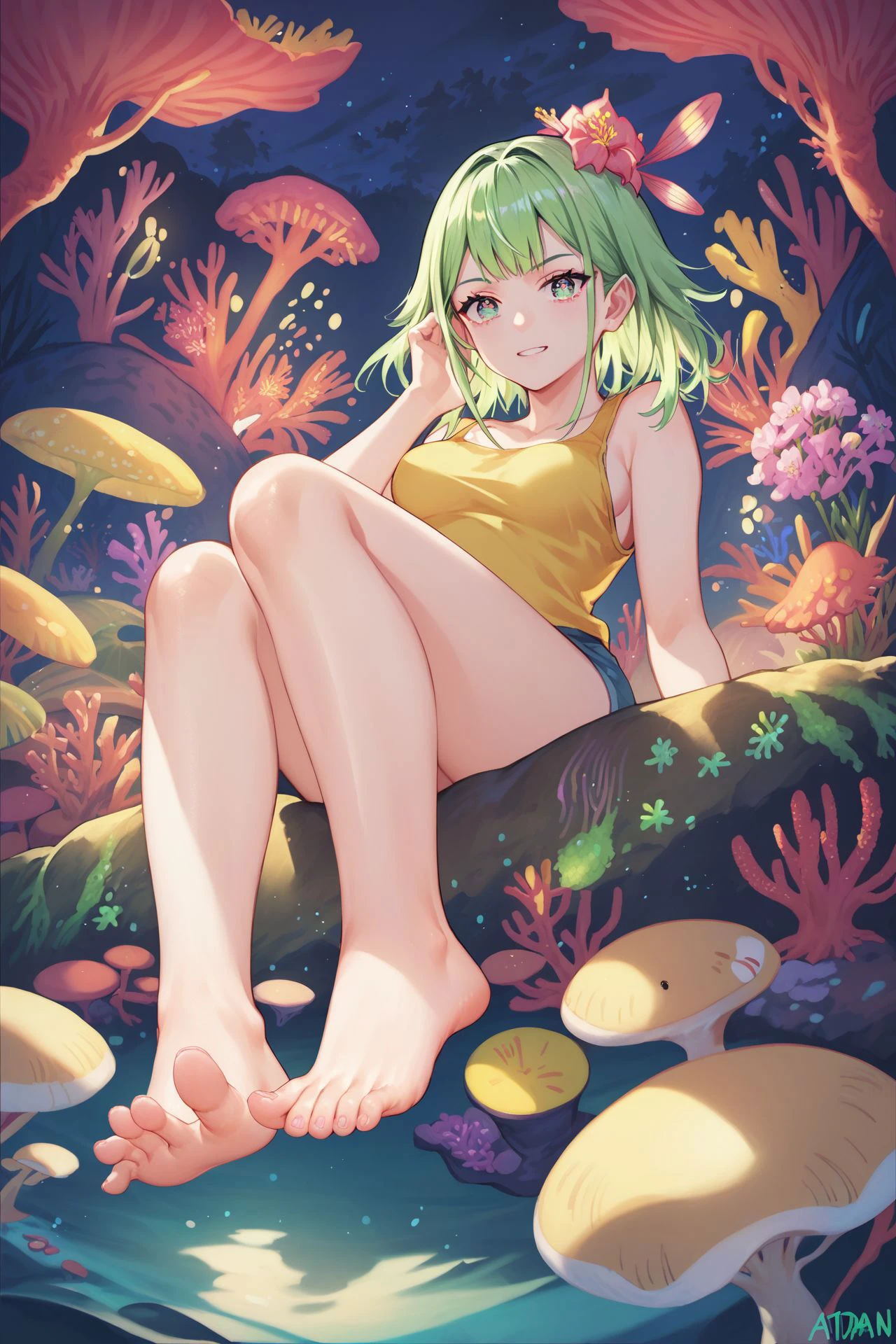 score_9, score_8_up, score_7_up, 1girl, sitting, looking at viewer, soles, socks, foot focus, foreshortening, saturday night fever, fucked silly, green hair, baby bangs, coral eyes, medium breasts, golden tank top, night, Bellflower \(flower\) background, 