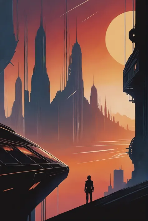 minimalist 1980s scifi poster, Industrial loft with skyline view in a solemn fantasy city beyond the beginning of the universe, masterpiece<lora:EnvyStarlight80sScifiPoster01:1>