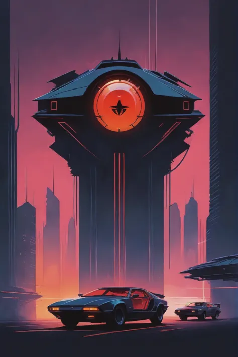 a poster of a car driving past a clock tower in the city