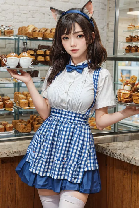 a close up of a woman in a blue and white dress holding a tray of food