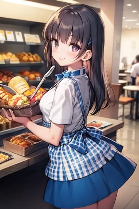 anime girl in a bakery holding a basket of bread