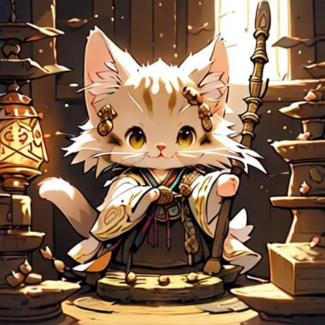 anime cat with a sword and a lantern in a room