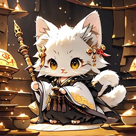 anime cat with a sword and a golden crown sitting on a table