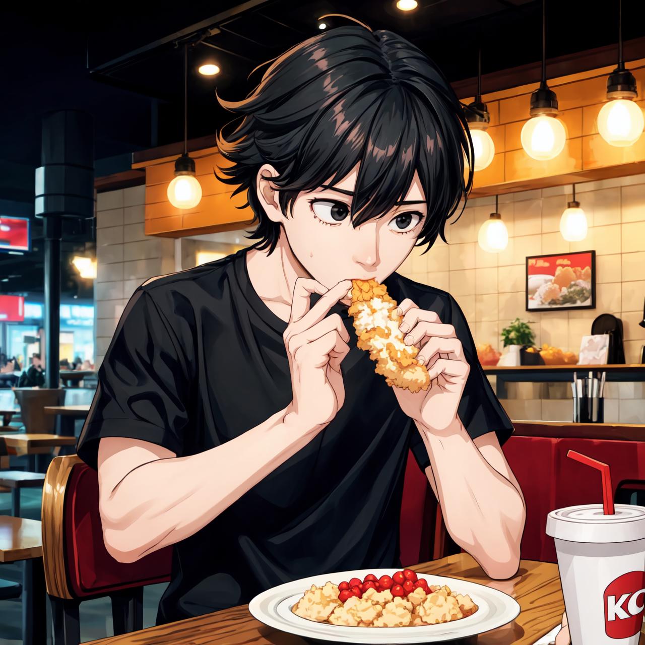 Anime boy eating a donut at a fast food restaurant - SeaArt AI