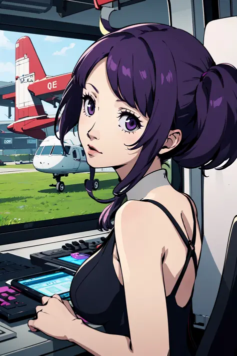 (best quality:1.2), 1girl, (close up, on back, :q, purple hair, short hair, hair flaps, uneven twintails, large_breasts, control tower),