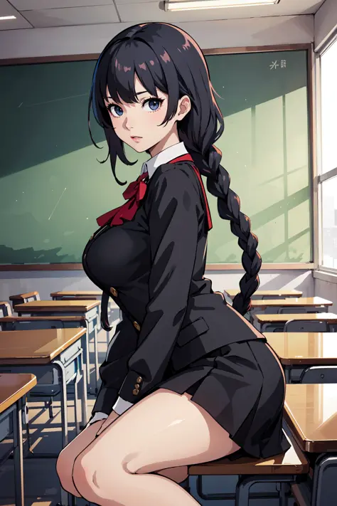 (best quality:1.2), 1girl, (fisheye, on side, confused, gradient hair, long hair, spiked hair, quad braids, large_breasts, classroom),