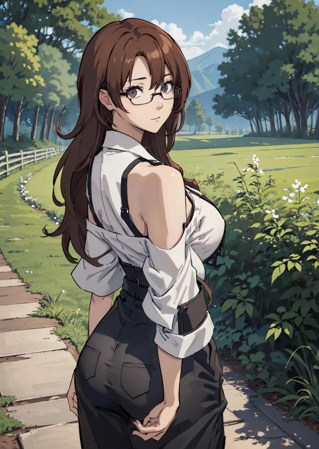 arm, masterpiece, best quality, best artist, 4k wallpaper, 1girl, moekakiryu, glasses, (happy:1.4), (turned away but looking back over her shoulder:1.5), on a farm, seductive, large breasts, wide hips, thick thighs, skindentation, looking at viewer, solo,  